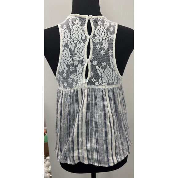 Boho Chloe & Katie Lace Linen-Looking Tank Top Stripes Neutral Ivory Blue Medium - Picture 2 of 10